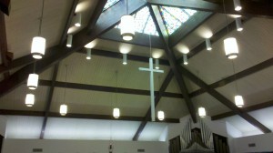 Trinity Lutheran stained glass ceiling and cross